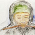 Hooded figure with stick in his mouth