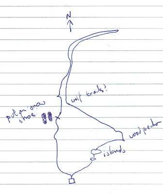 drawn map showing route across frozen lake, with wolf tracks, place where snow shoes were put on and woodpecker